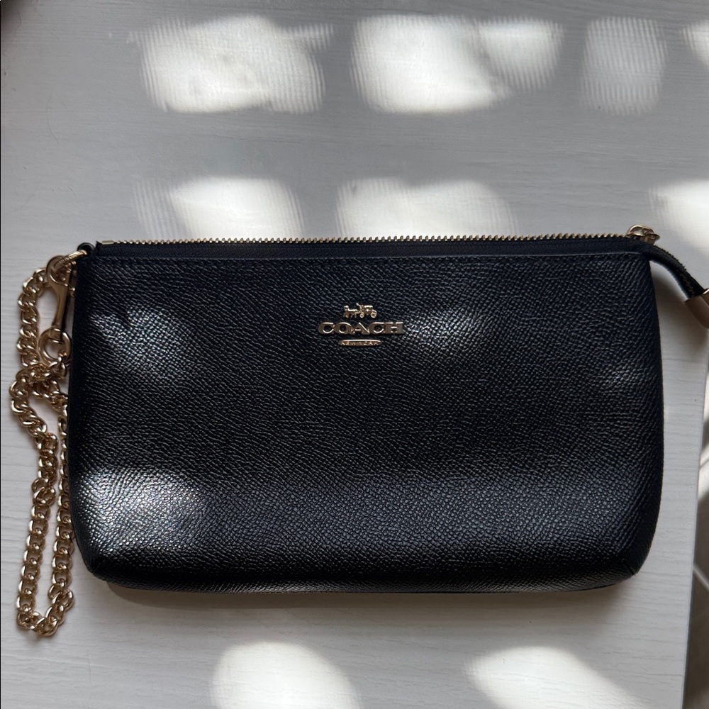 Coach Black Pebbled Leather Wristlet with Gold Chain